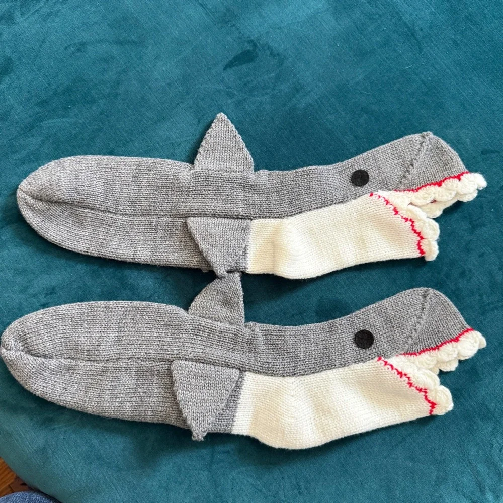 Handmade‎ Knit Shark Socks Grey White Red Novelty Fun Animal House Slippers